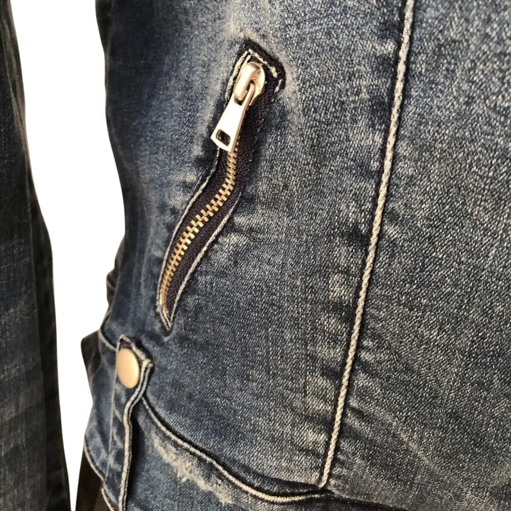 Bebe Rhinestone Embellished Stretchy Retro Y2K Denim‎ Moto Jacket Size S - Picture 6 of 14